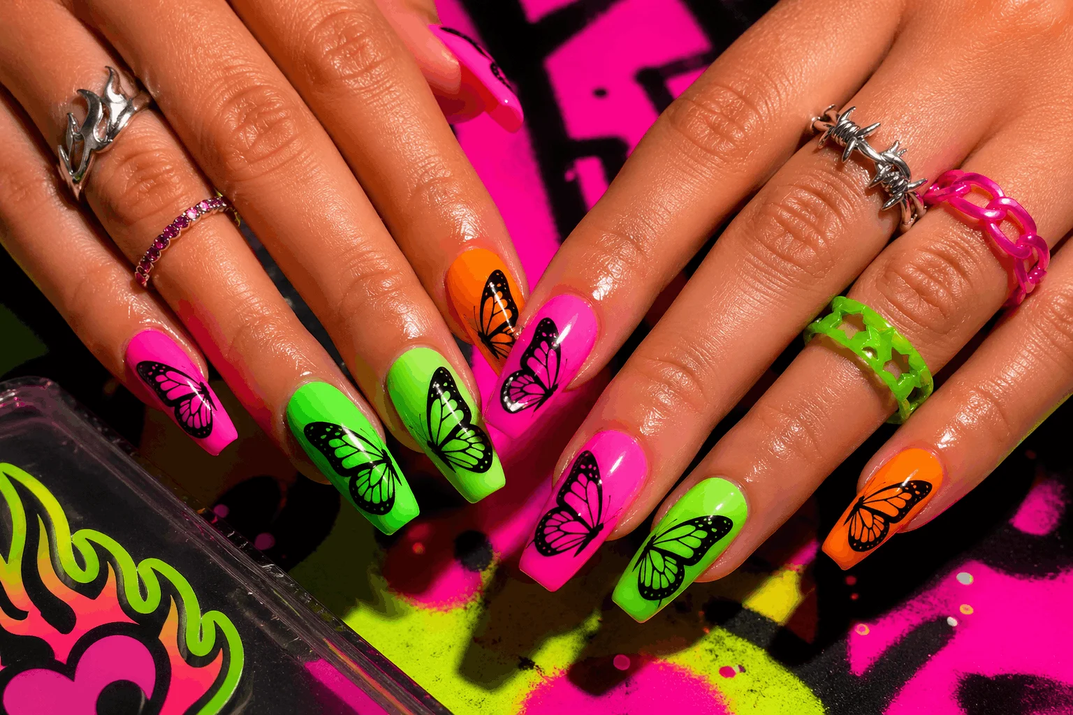 10 Butterfly Nails Designs You’ll Want This Season 8 Bright neon butterfly nails with bold colorful design