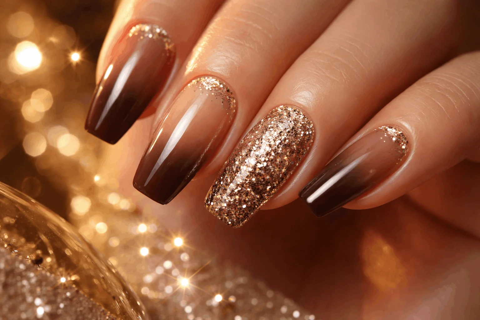 19 Brown Ombre Nails That Elevate Your Style 9 Brown ombre nails with glitter accent design