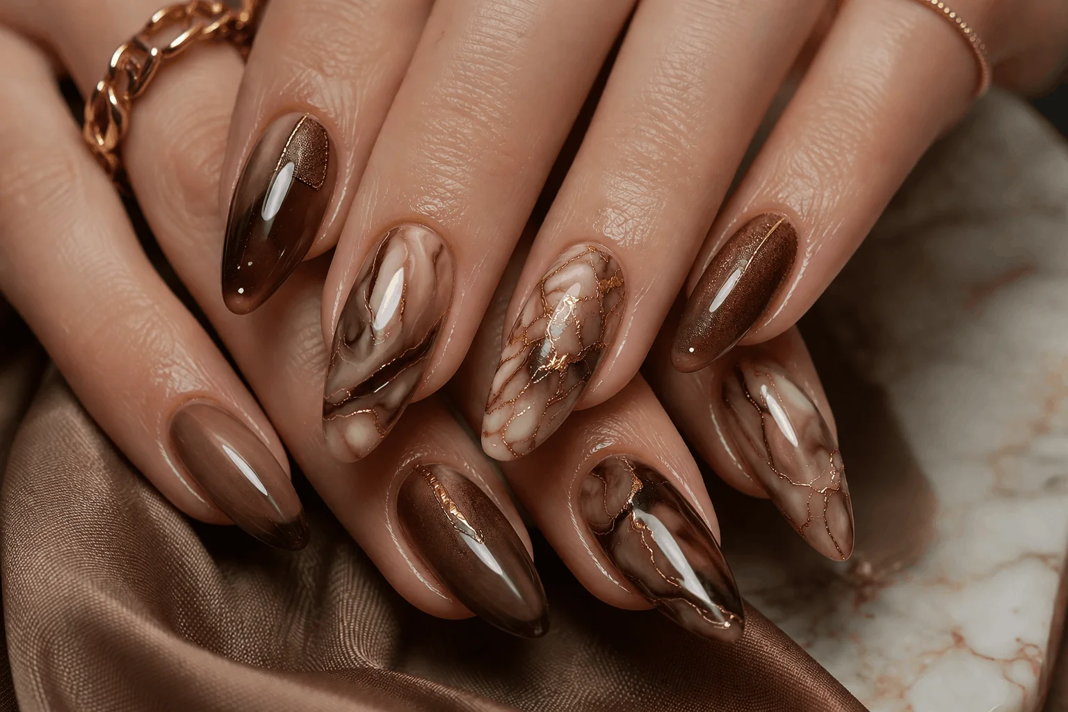 19 Brown Ombre Nails That Elevate Your Style 11 Brown ombre nails with marble artistic design