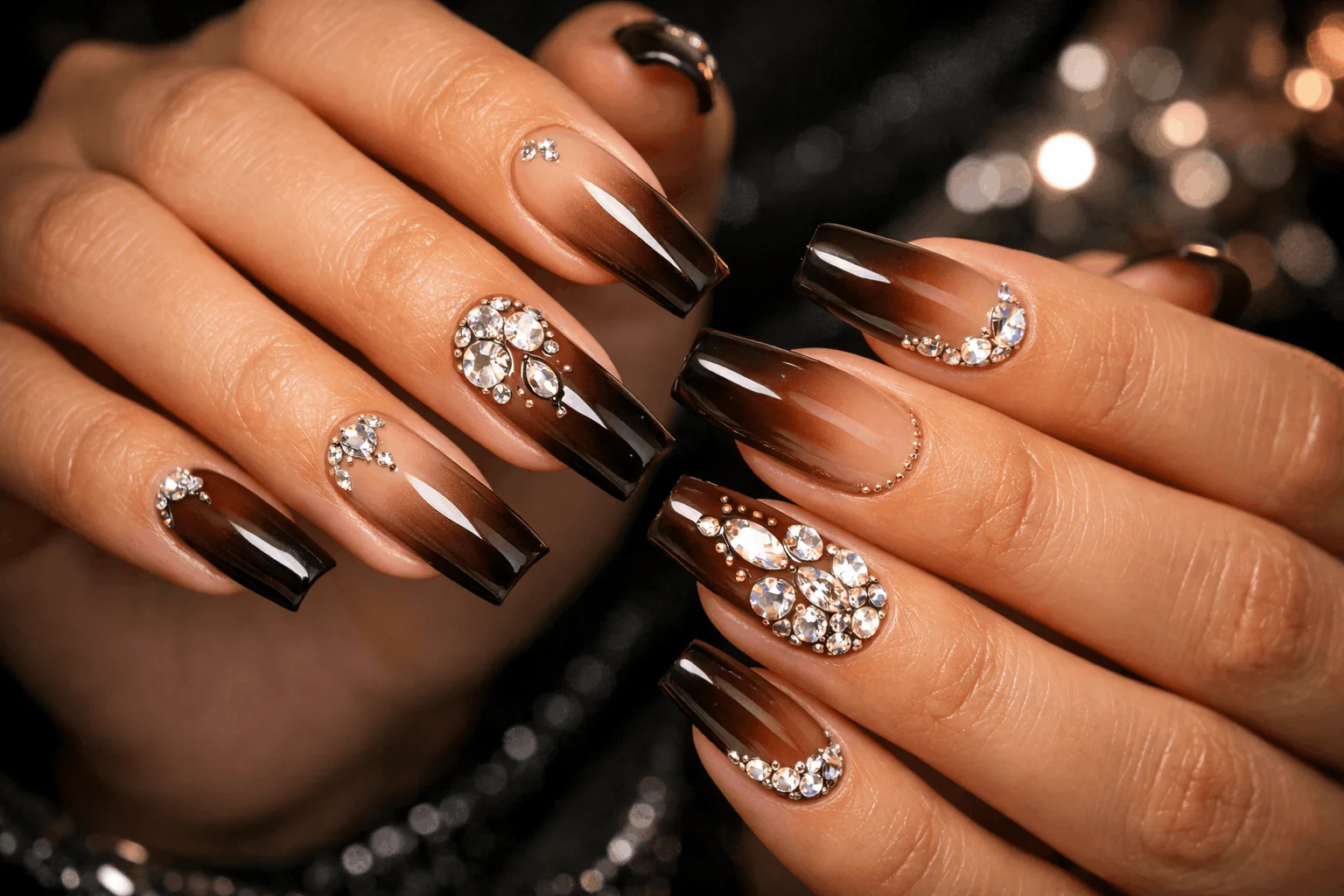19 Brown Ombre Nails That Elevate Your Style 12 Brown ombre nails with rhinestones glam style