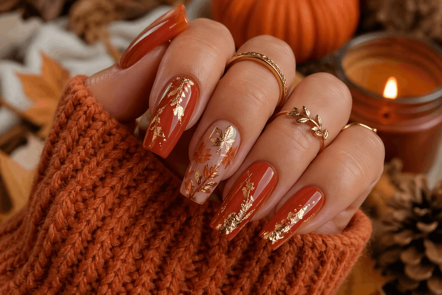 10 September Acrylic Nails That Look Stunning 3 Burnt orange September nails with gold accents