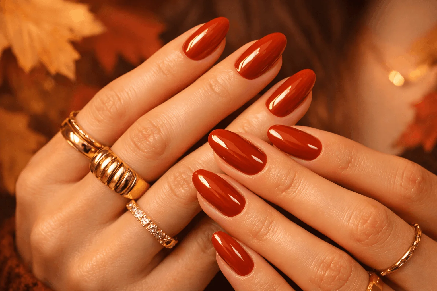 11 Cute Nails for Fall You Can Copy Right Now 5 Burnt orange glossy cute nails for fall with gold rings