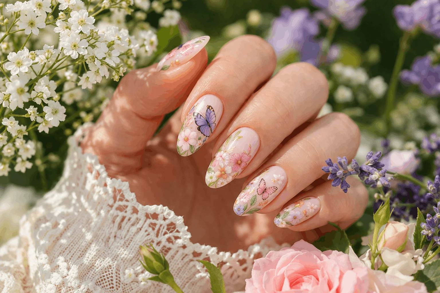10 Butterfly Nails Designs You’ll Want This Season 9 Butterfly nails with floral nail art in soft pastel tones