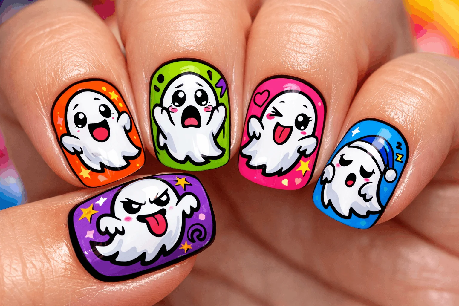 13 Ghost Nails Looks That Are Trending Right Now 10 Cartoon style cute ghost nails with fun expressions