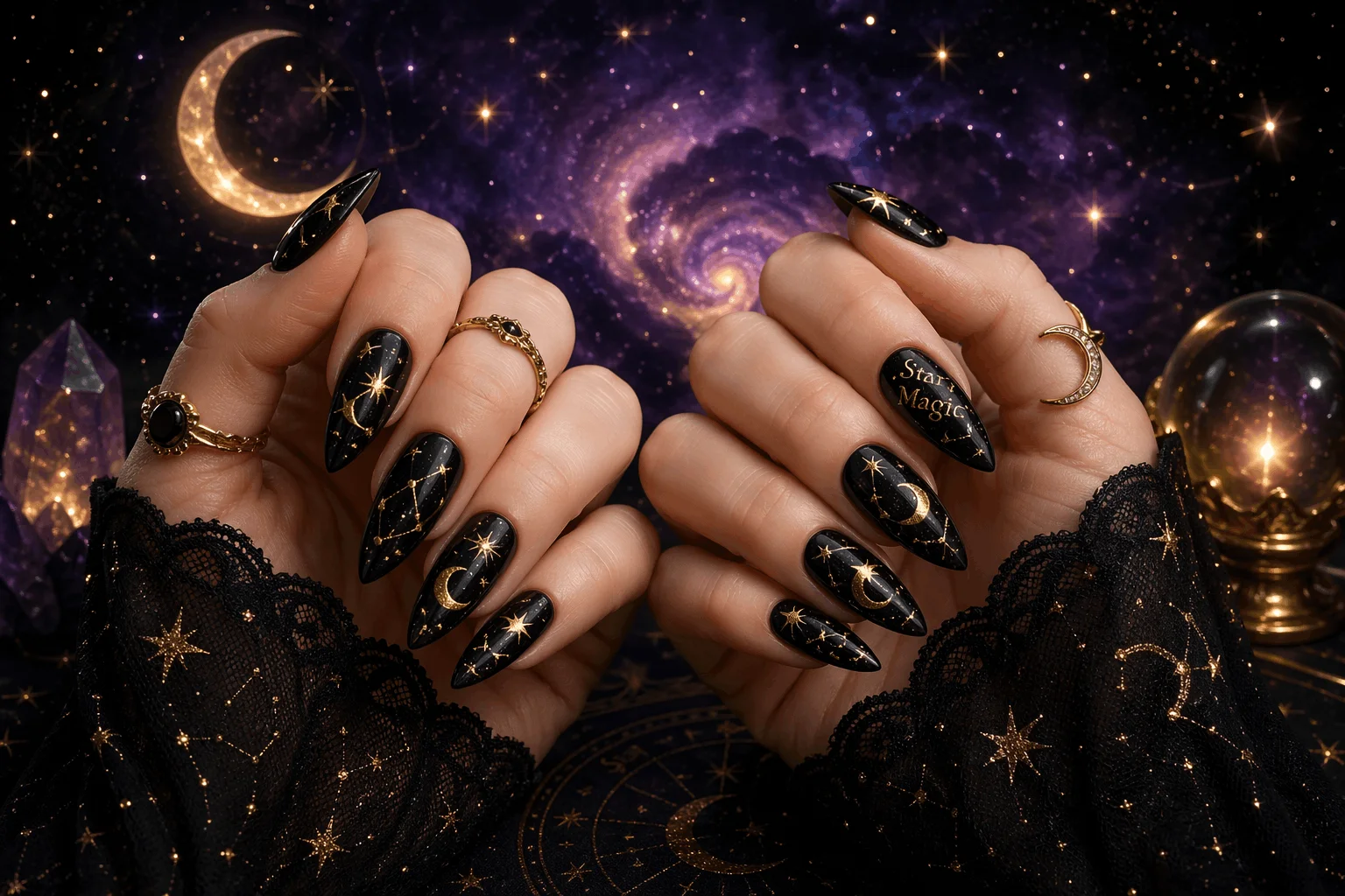 12 Witchy Nails That Feel Pure Dark Magic 4 Celestial witchcore nails with moon and star designs