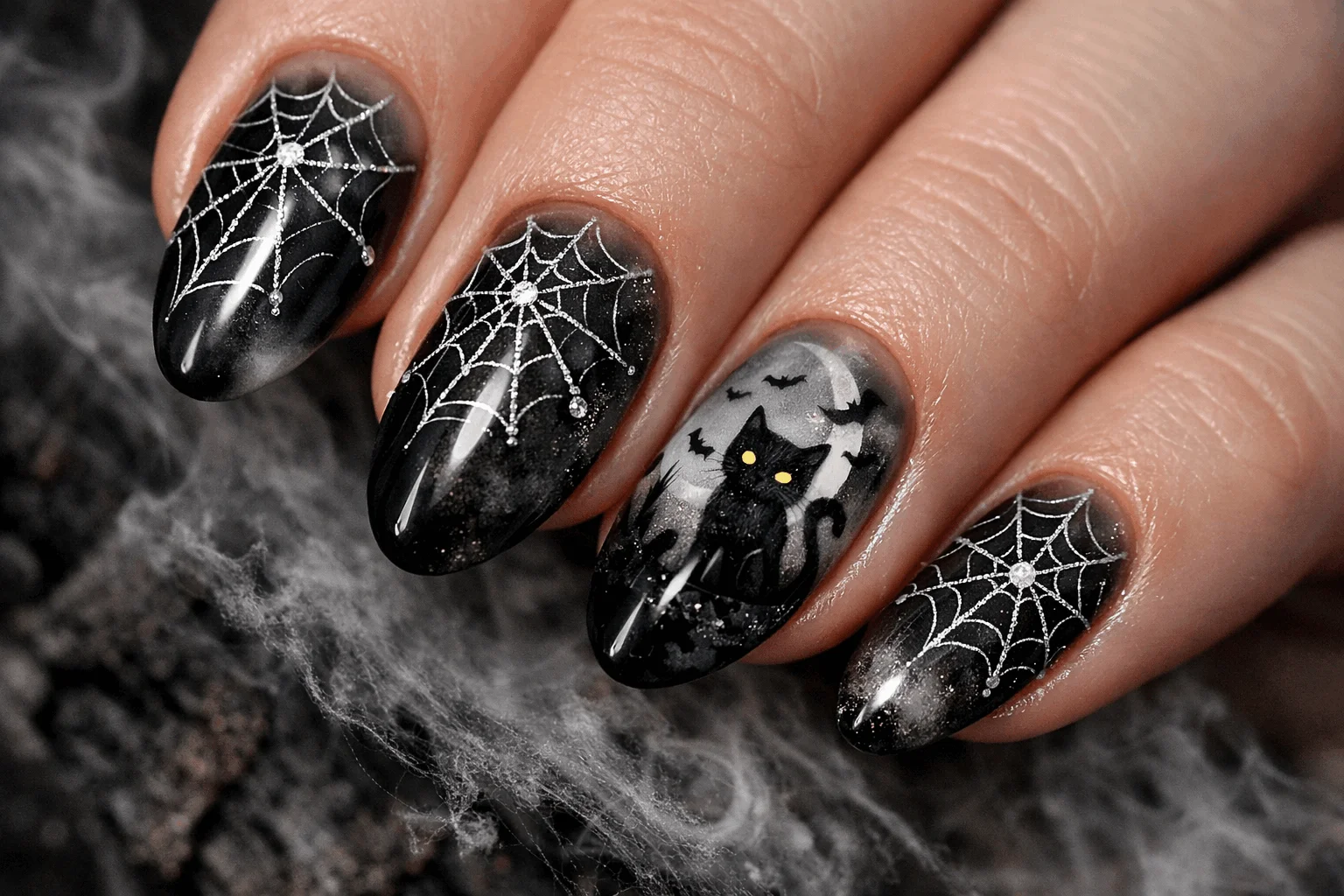 12 Halloween Cat Nails for a Spooky Chic Look 10 Cobweb and cat themed spooky halloween nails