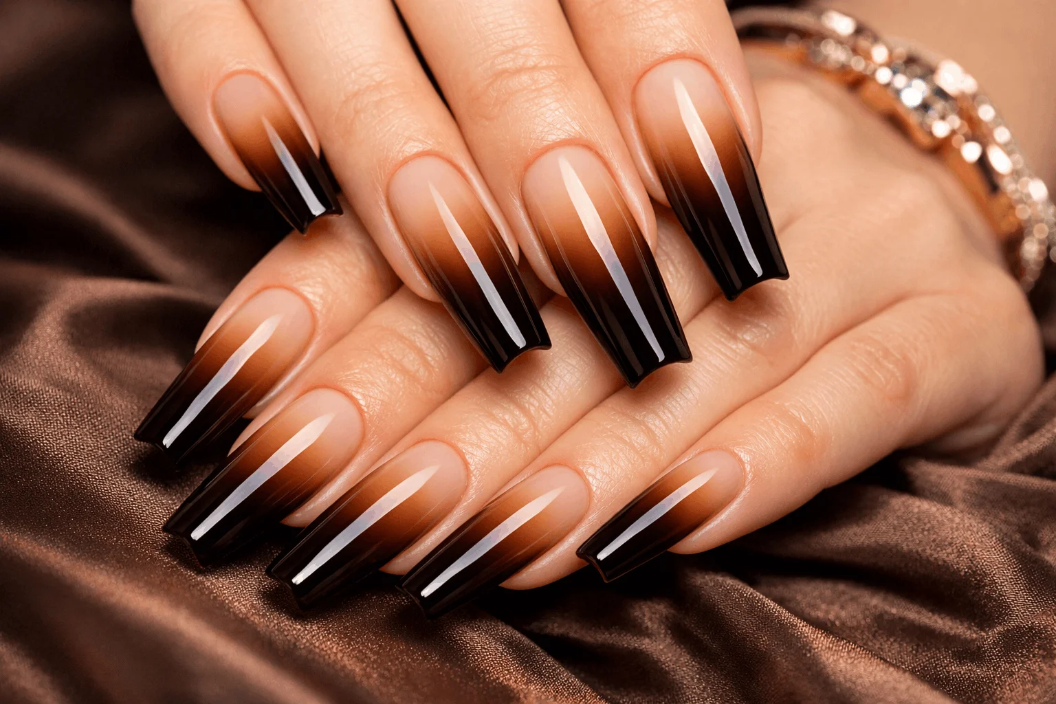 19 Brown Ombre Nails That Elevate Your Style 6 Coffin shaped brown ombre nails trendy design