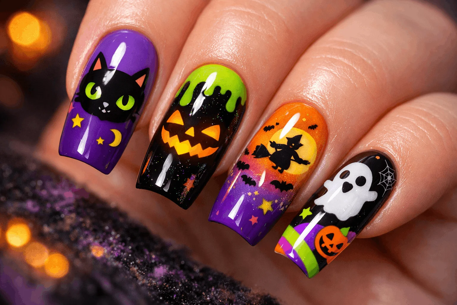 12 Halloween Cat Nails for a Spooky Chic Look 11 Colorful halloween cat nails with vibrant spooky design