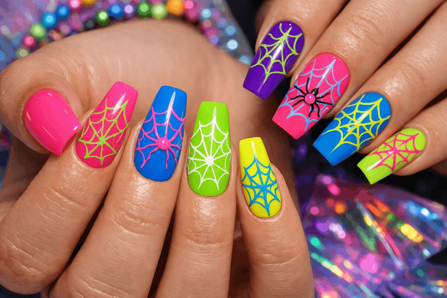 13 Spider Web Acrylic Nails You’ll Want to Copy 11 Colorful spider web acrylic nails with neon design