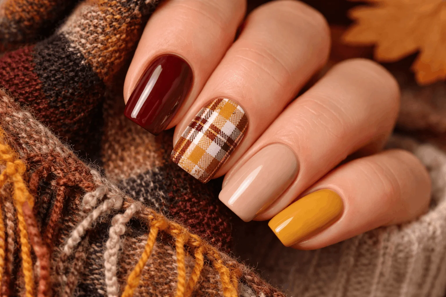 11 Cute Nails for Fall You Can Copy Right Now 6 Cozy plaid nail designs for cute nails for fall trend
