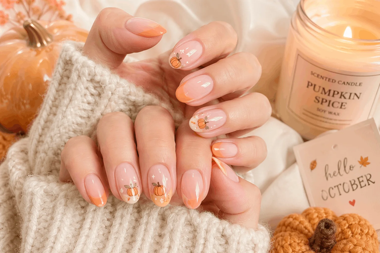 10 Spooky October Nails That Are Perfectly Chic 3 Cute October nails with soft pumpkin nail art design