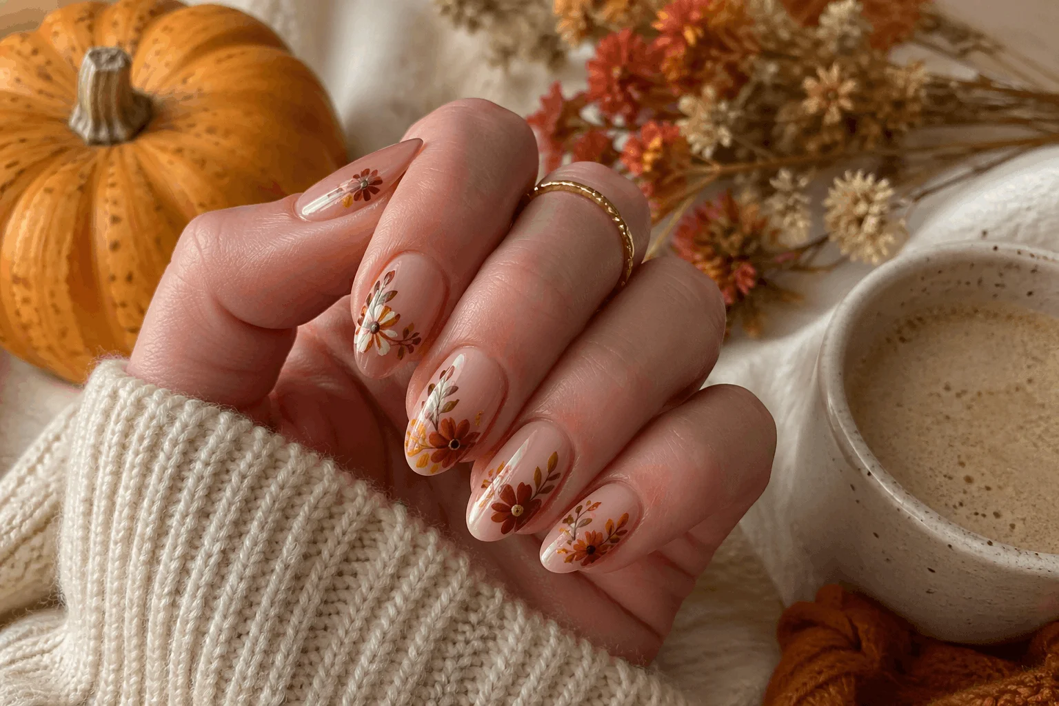 10 Spooky October Nails That Are Perfectly Chic 7 Cute October nails with warm floral fall patterns