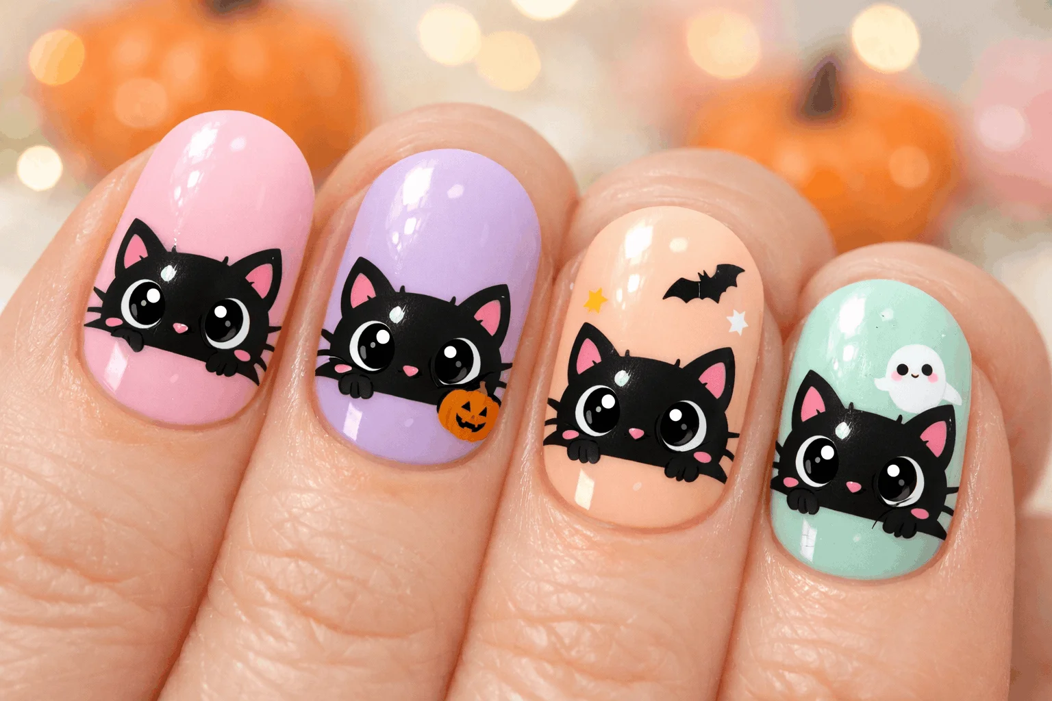 12 Halloween Cat Nails for a Spooky Chic Look 3 Cute cartoon style spooky cat nail art design 1