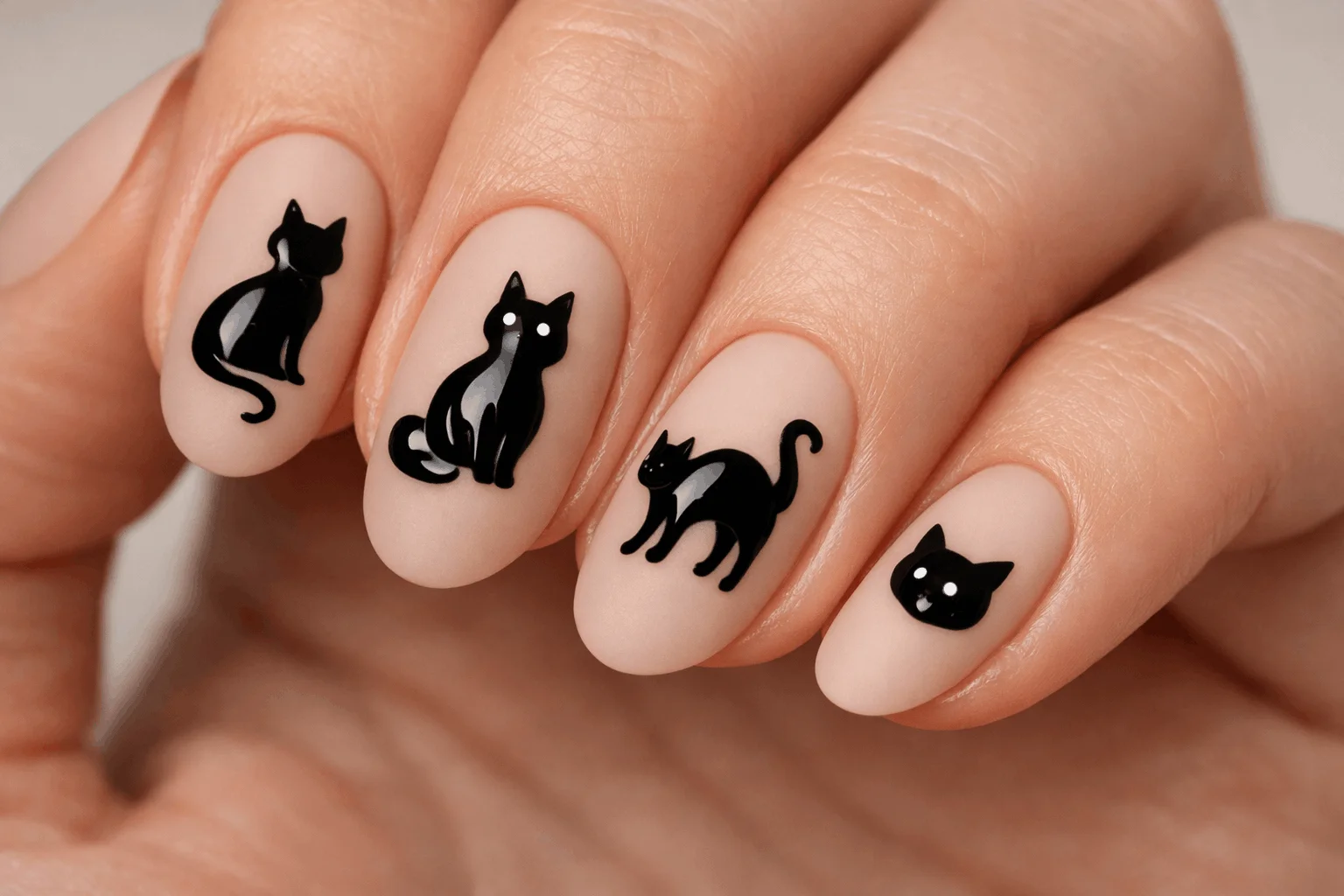 12 Halloween Cat Nails for a Spooky Chic Look 2 Cute cartoon style spooky cat nail art design