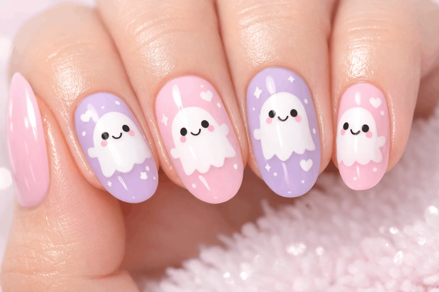 13 Ghost Nails Looks That Are Trending Right Now 3 Cute ghost nails with smiling faces and pastel colors
