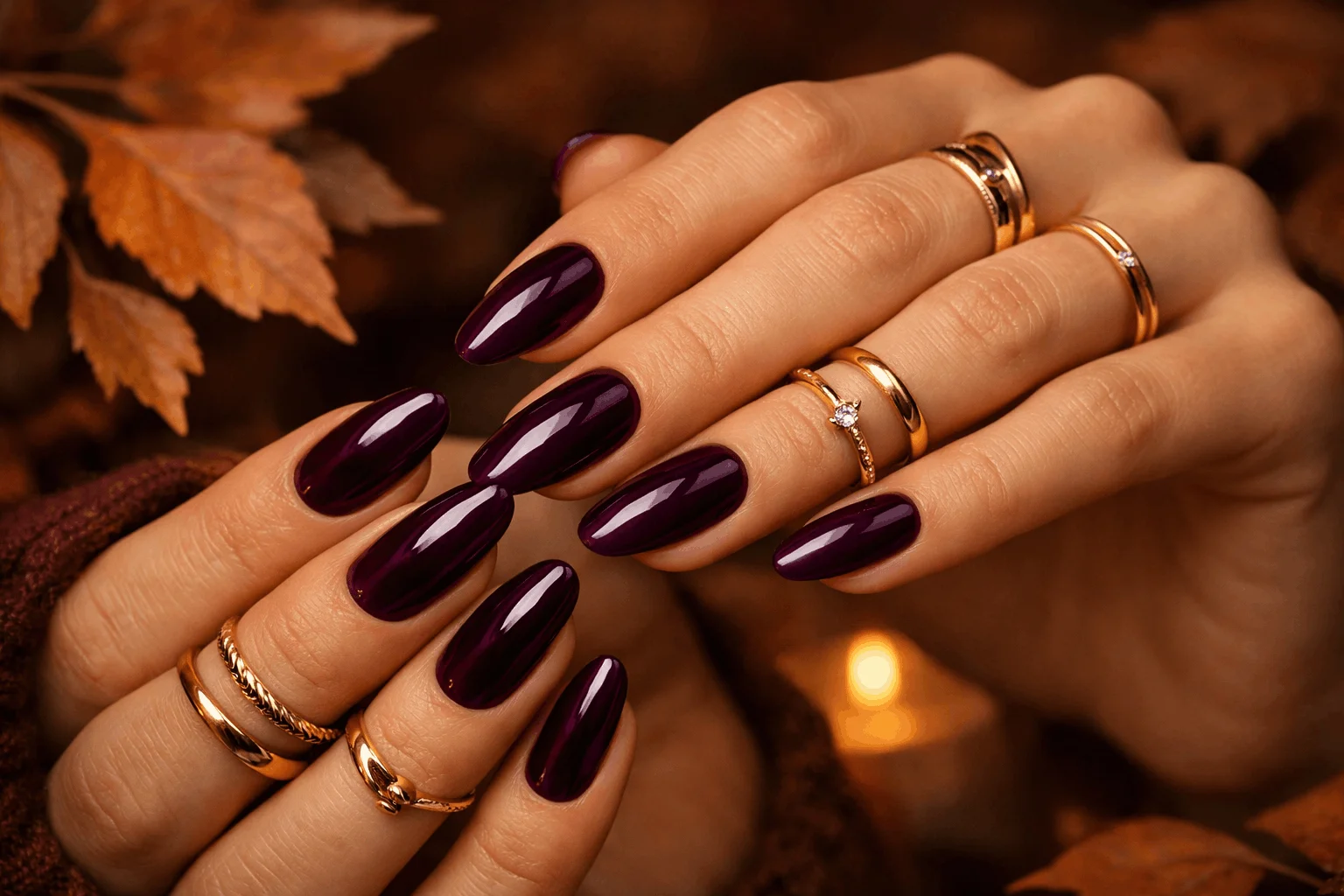 12 Purple Fall Nails Ideas You’ll Want to Copy 2 Deep plum glossy purple fall nails with gold rings