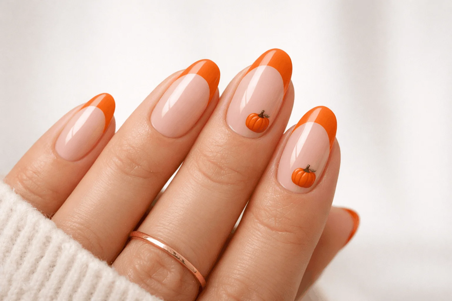 11 Trendy Pumpkin Nails for a Chic Fall Vibe 9 French tip pumpkin nails with modern fall twist