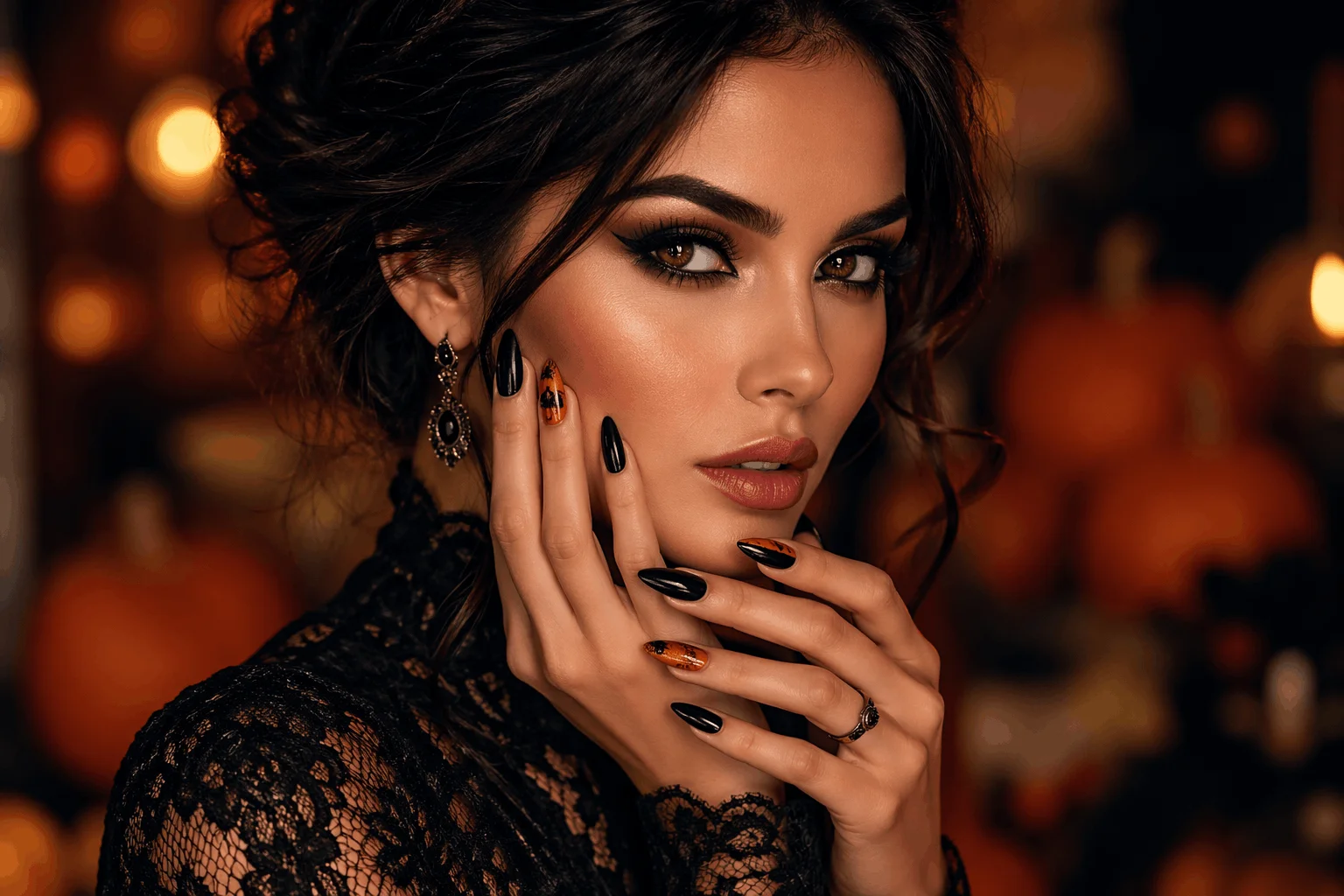 10 Spooky October Nails That Are Perfectly Chic 1 Glamorous woman showcasing spooky October nails in elegant fall style
