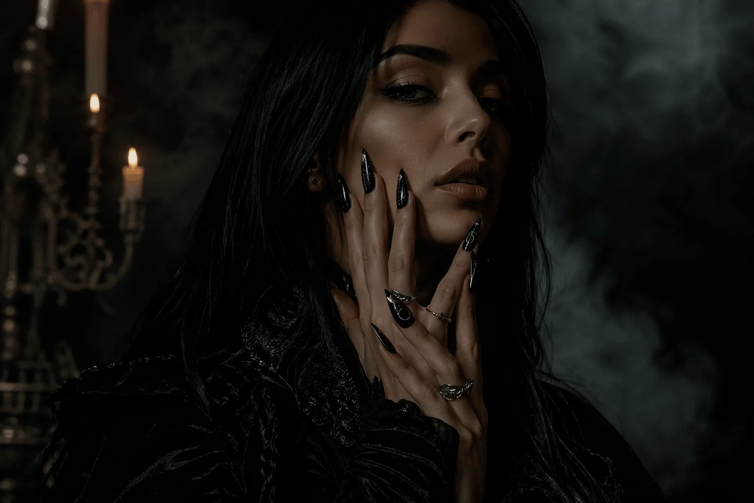 12 Witchy Nails That Feel Pure Dark Magic 1 Glamorous woman with dark witchy nails and gothic aesthetic look