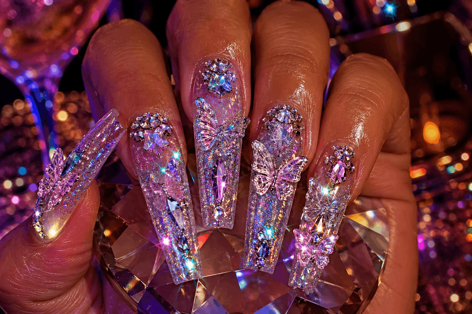 10 Butterfly Nails Designs You’ll Want This Season 3 Glitter butterfly acrylic nails with rhinestones and shine