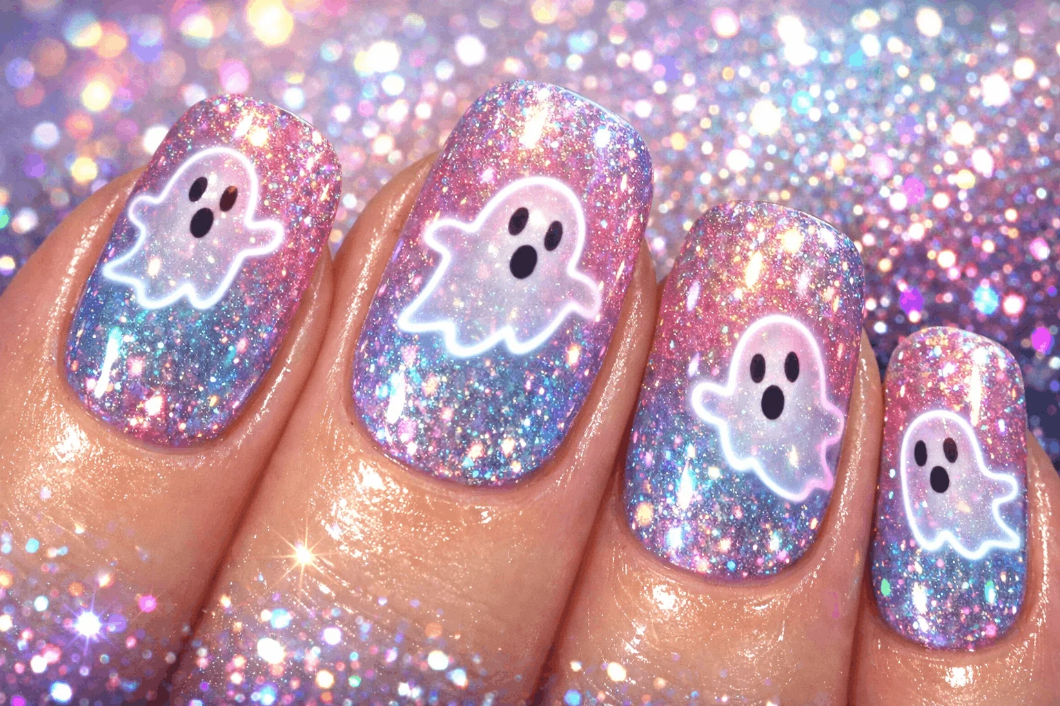 13 Ghost Nails Looks That Are Trending Right Now 9 Glitter ghost nails with sparkly ombre design