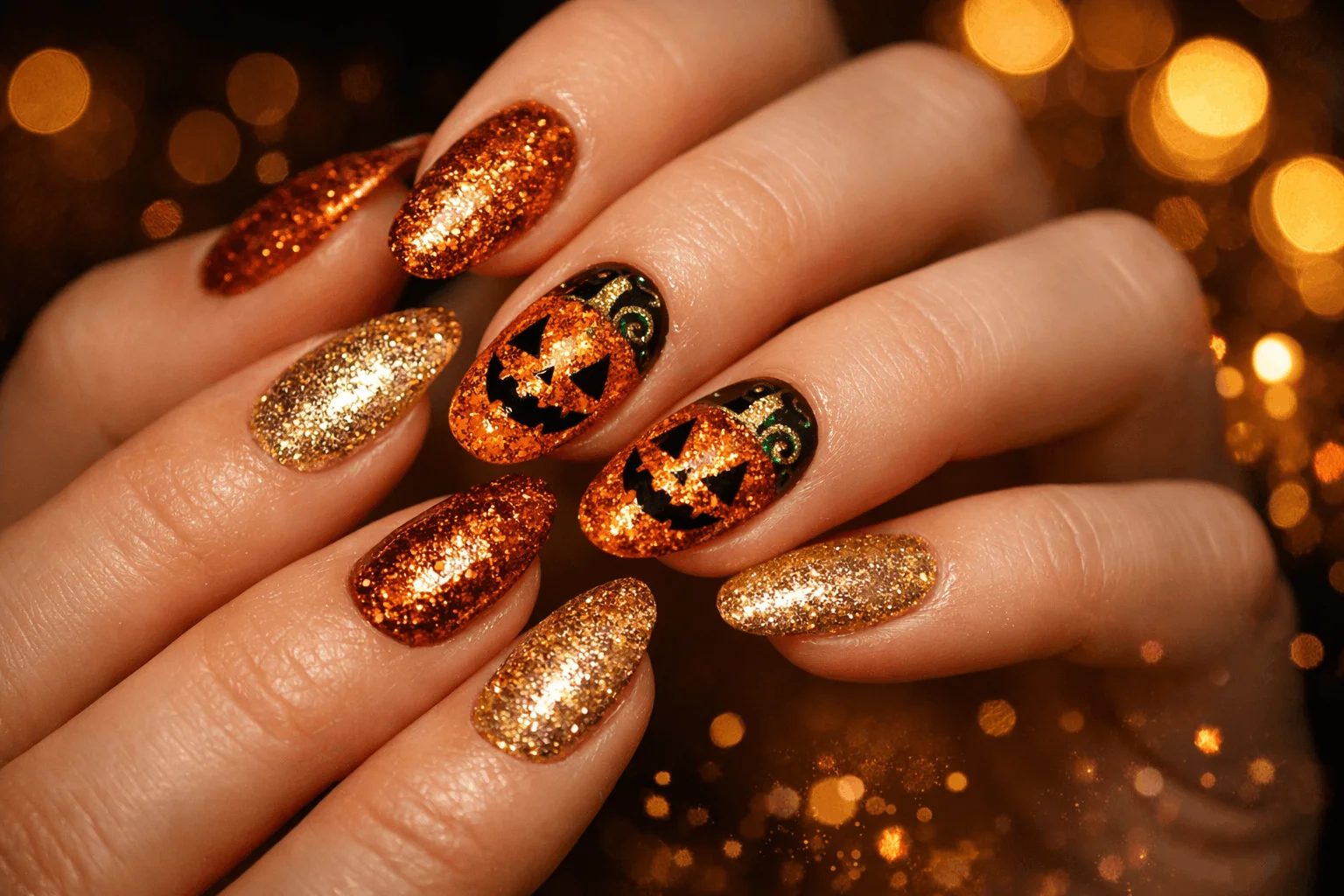 11 Trendy Pumpkin Nails for a Chic Fall Vibe 8 Glitter pumpkin nails with gold shimmer effect