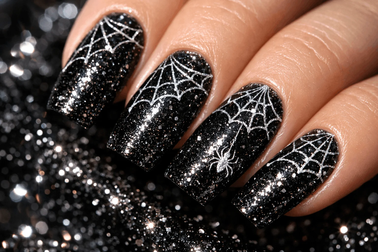13 Spider Web Acrylic Nails You’ll Want to Copy 4 Glitter spider web acrylic nails with silver web art