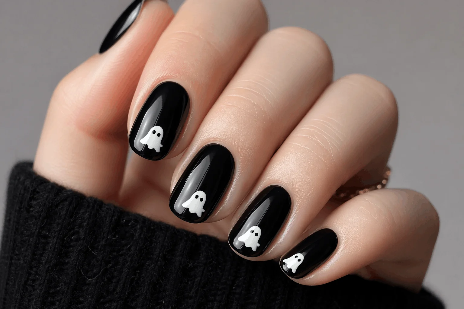 10 Spooky October Nails That Are Perfectly Chic 2 Glossy black spooky October nails with minimal ghost accents