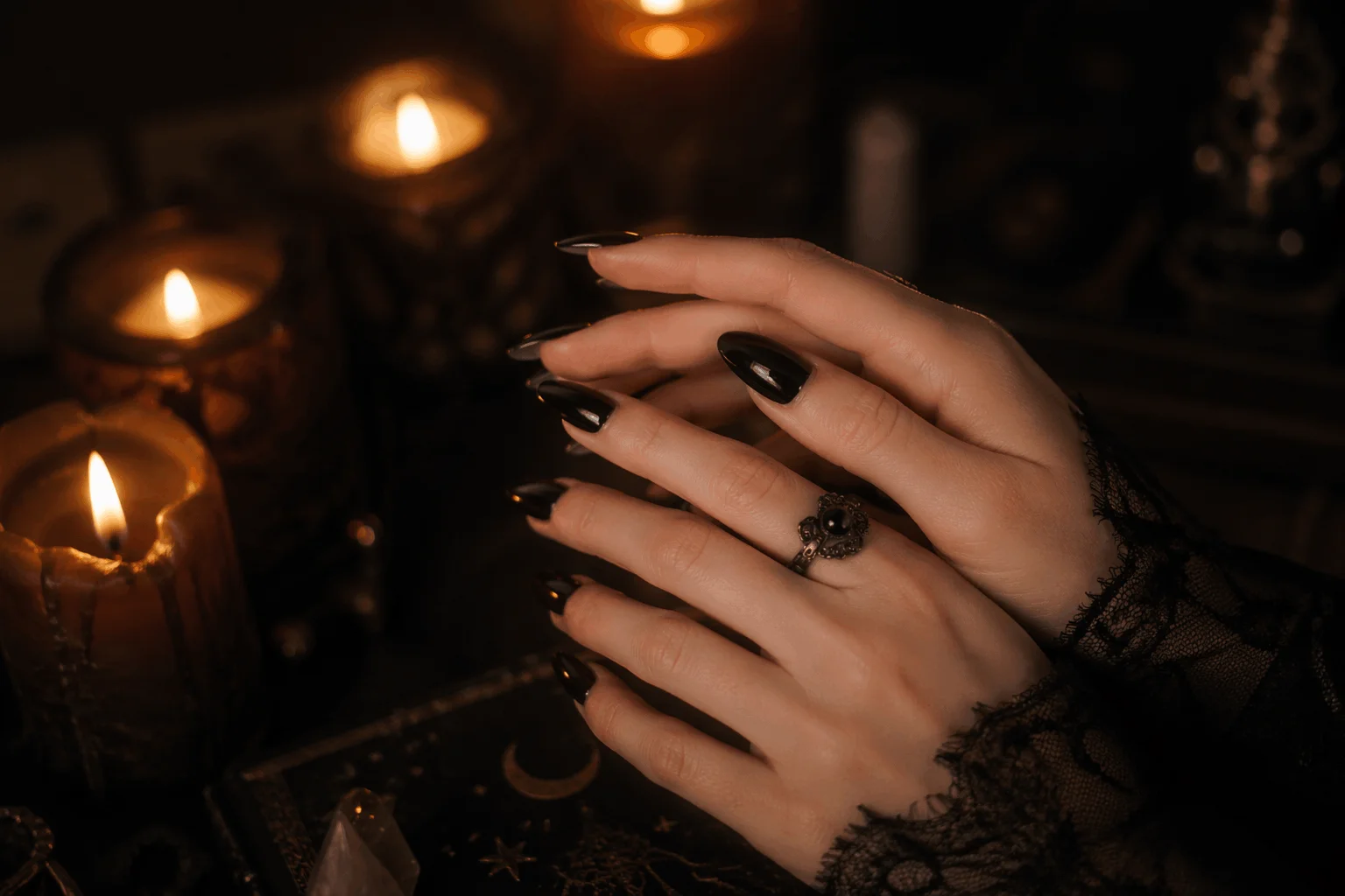 12 Witchy Nails That Feel Pure Dark Magic 2 Glossy black witchy nails with candlelight aesthetic