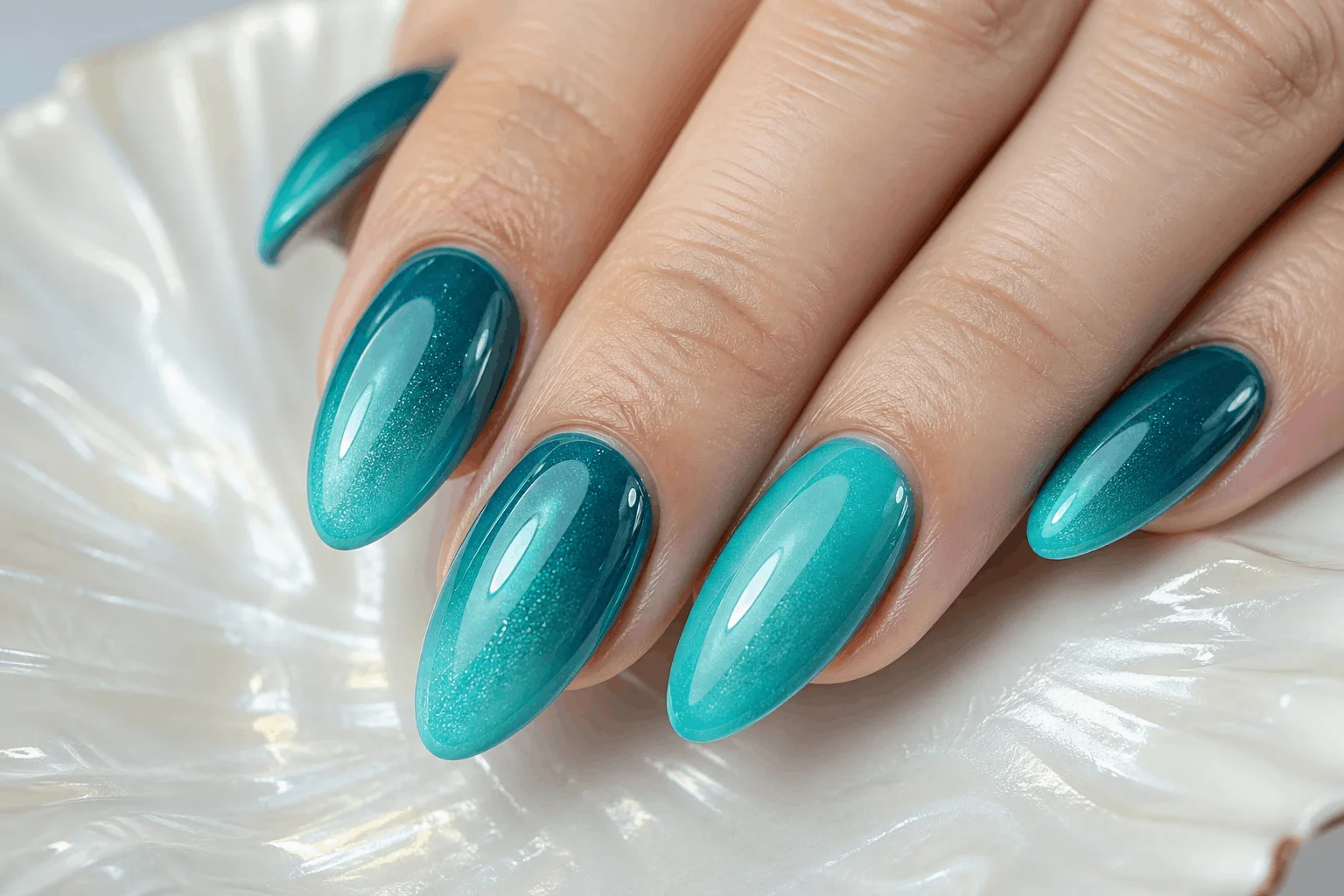 10 Mermaid Nails You Need for a Magical Glow Up 4 Glossy mermaid gel nails with ocean shine