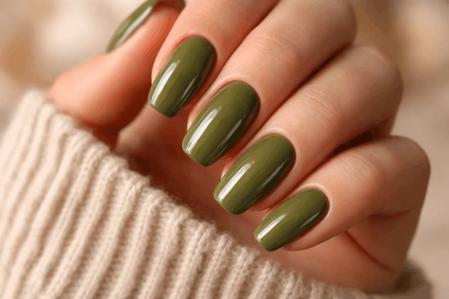 11 Olive Green Fall Nails You’ll Want Now 2 Glossy olive green fall nails simple chic manicure