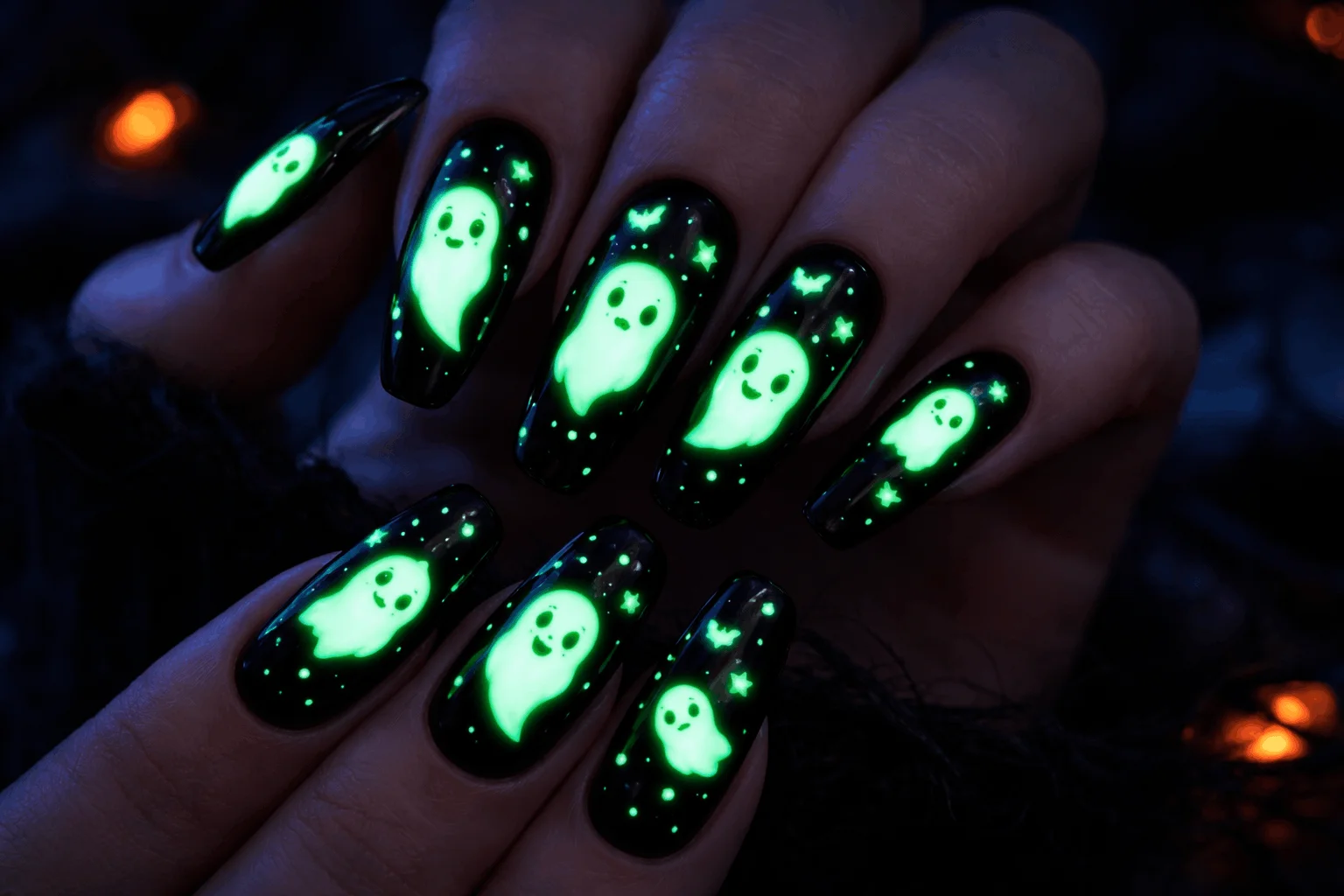 13 Ghost Nails Looks That Are Trending Right Now 5 Glow in the dark ghost nails with spooky effect