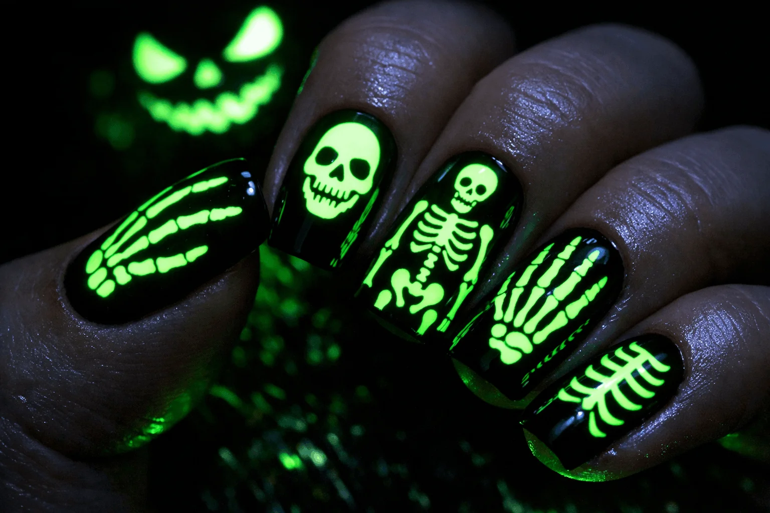 12 Spooky Halloween Nails That Scream Creepy Chic 5 Glow in the dark skeleton spooky halloween nails