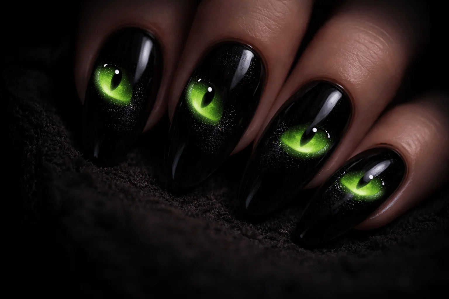 12 Halloween Cat Nails for a Spooky Chic Look 5 Glow in the dark spooky cat nail art with glowing eyes