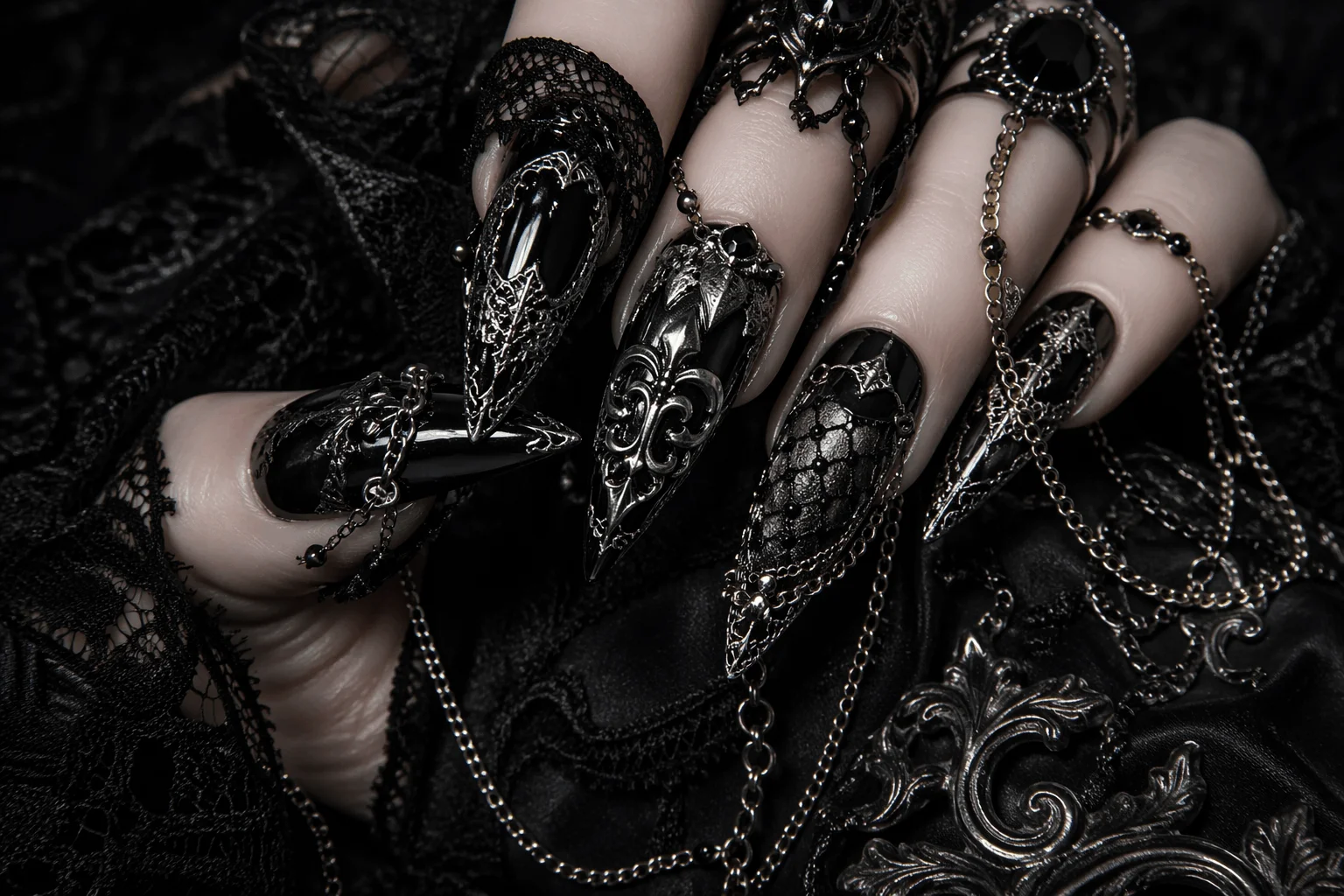 12 Witchy Nails That Feel Pure Dark Magic 9 Gothic black and silver dark witch nails design