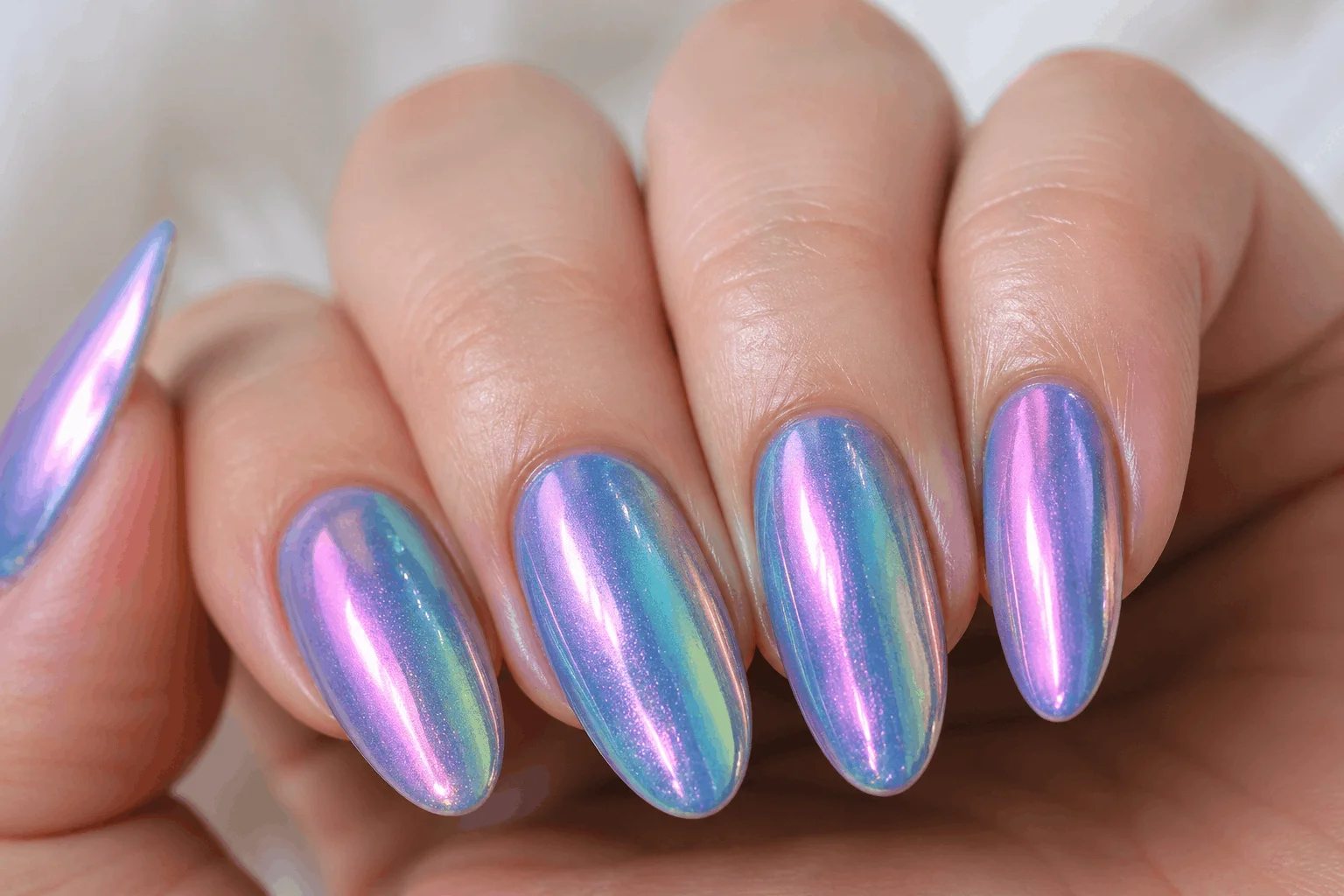 10 Mermaid Nails You Need for a Magical Glow Up 2 Iridescent mermaid nails with holographic shine