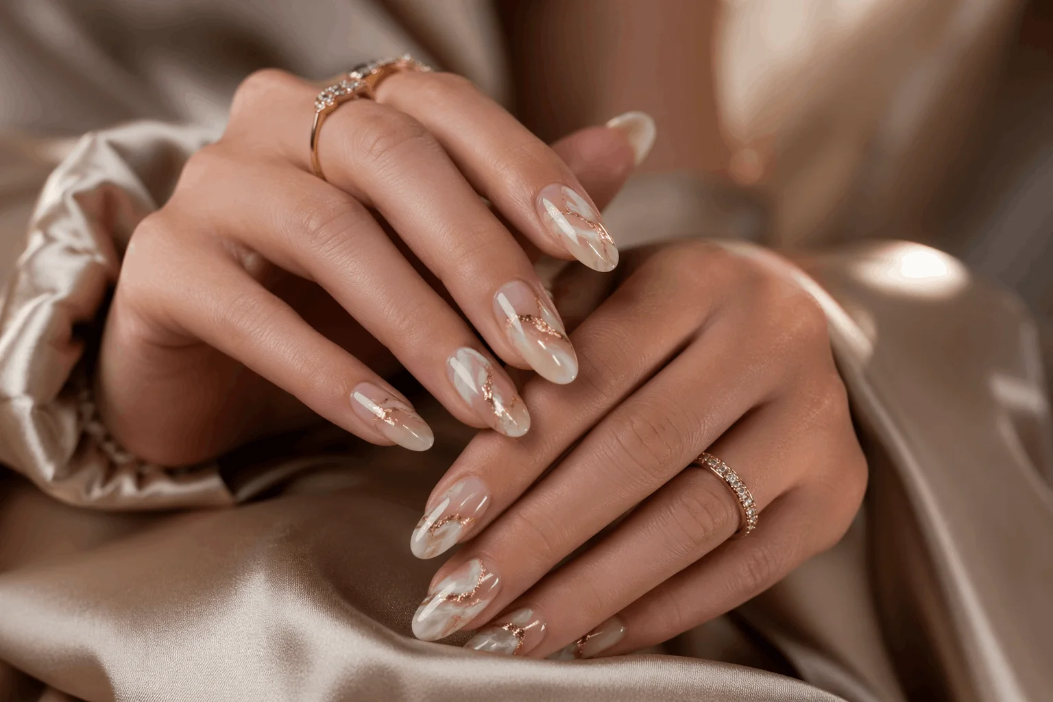 10 September Acrylic Nails That Look Stunning 10 Marble acrylic nails with white, beige, and gold vein details, luxury