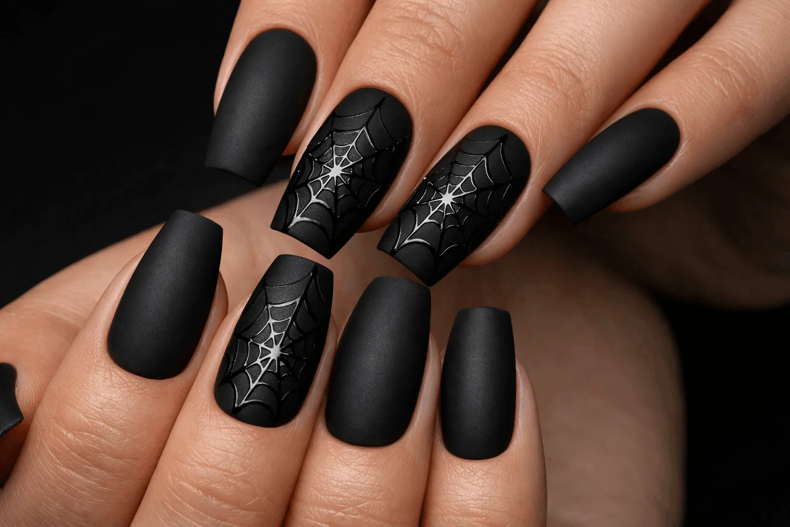 13 Spider Web Acrylic Nails You’ll Want to Copy 5 Matte black spider web nails with glossy web detail