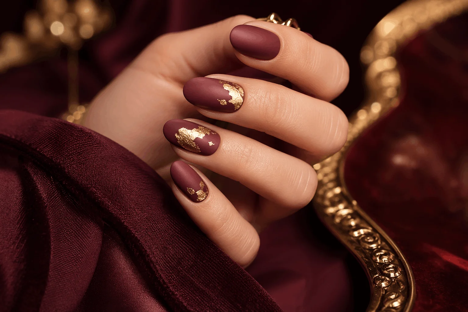 10 Spooky October Nails That Are Perfectly Chic 4 Matte burgundy October nails with gold foil elegant design