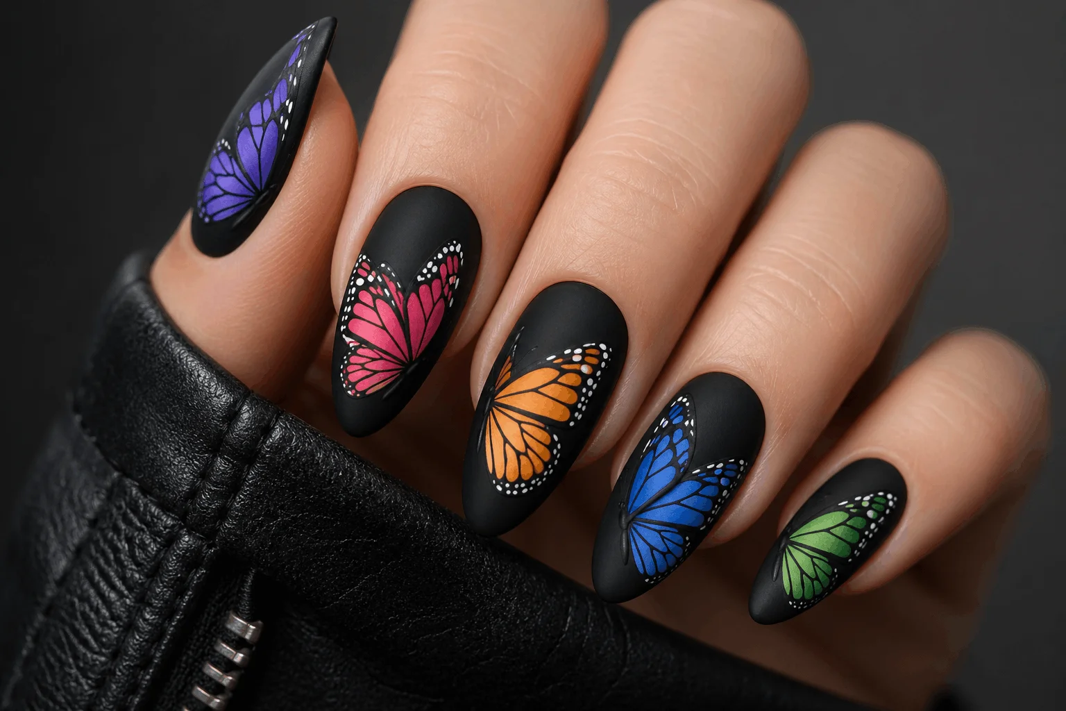 10 Butterfly Nails Designs You’ll Want This Season 10 Matte butterfly nails with dark base and colorful design