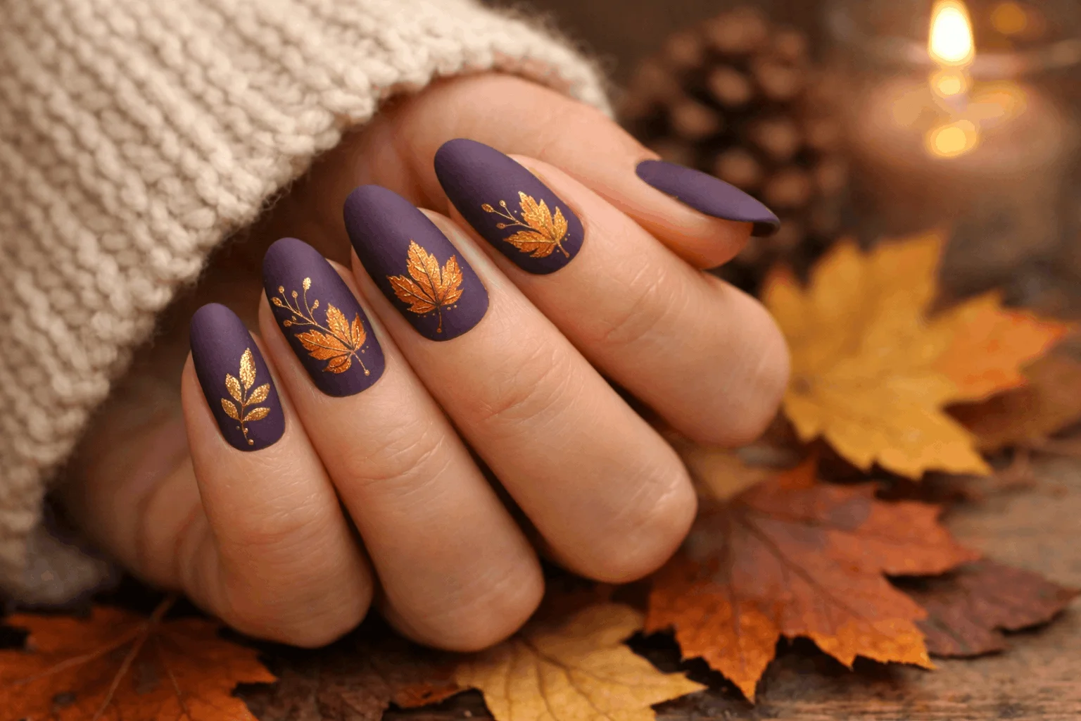 12 Purple Fall Nails Ideas You’ll Want to Copy 7 Matte purple fall nails with leaf nail art