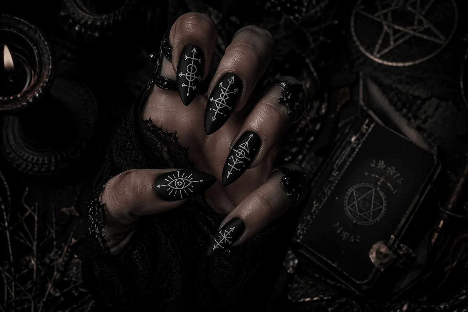12 Witchy Nails That Feel Pure Dark Magic 5 Matte witchy nails with mystical sigil designs