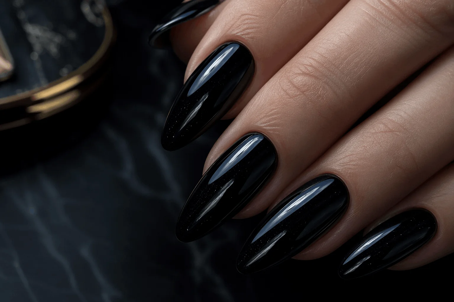 12 Witchy Nails That Feel Pure Dark Magic 3 Midnight black glossy dark witch nails aesthetic