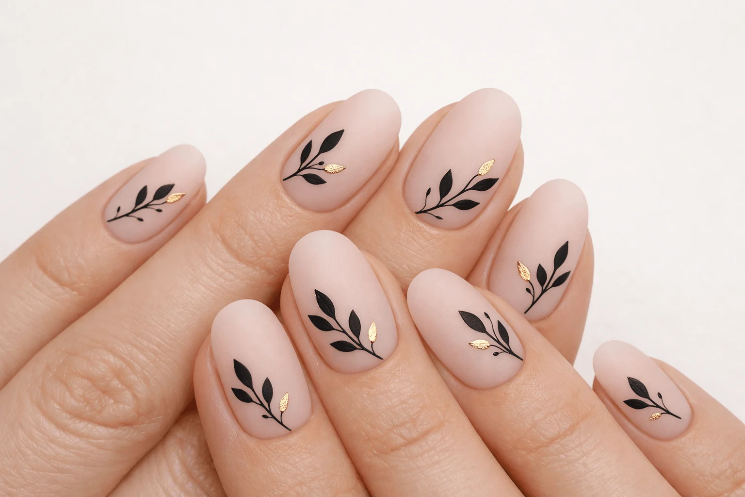 11 Cute Nails for Fall You Can Copy Right Now 4 Minimal leaf art simple cute fall nails on nude base
