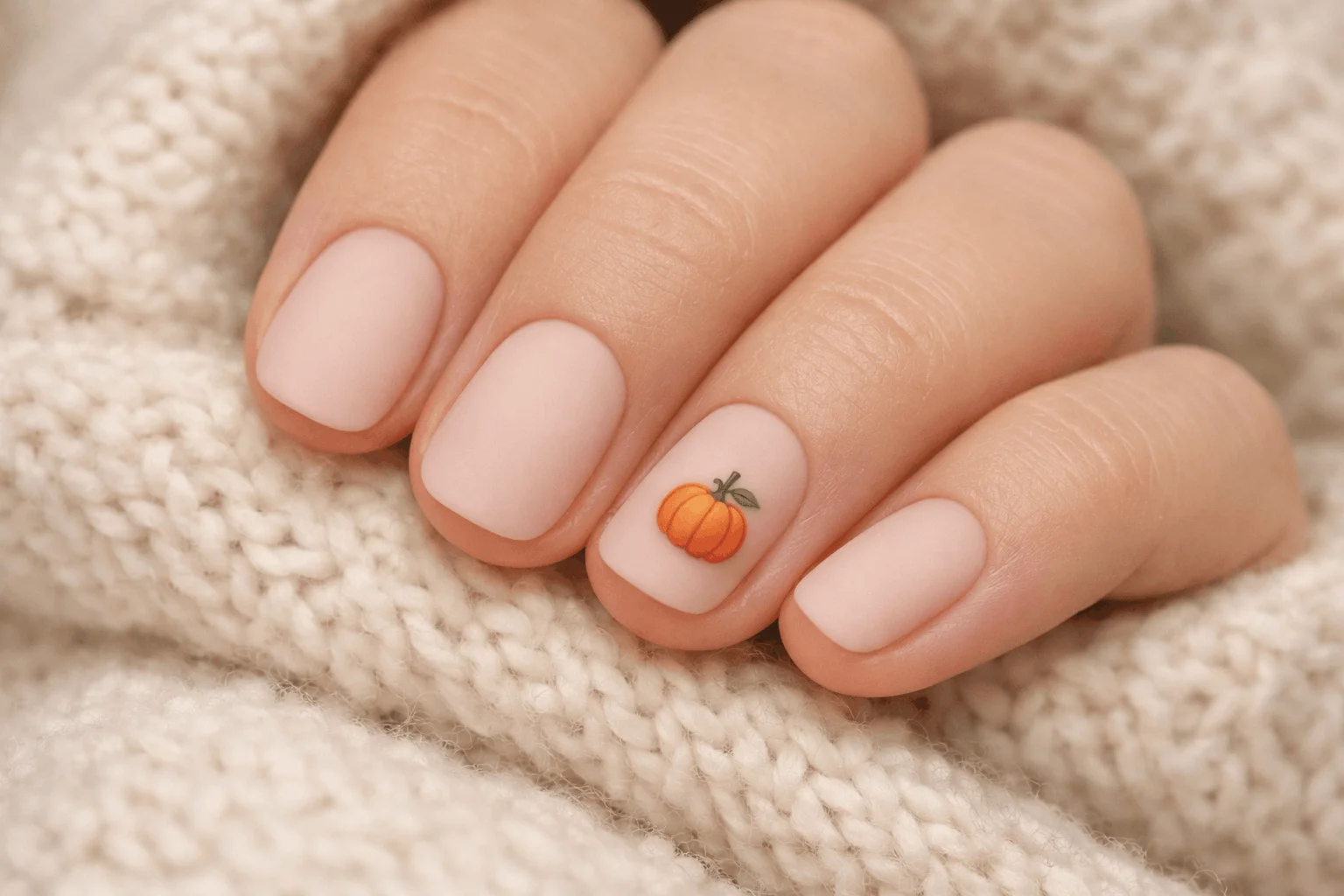 11 Trendy Pumpkin Nails for a Chic Fall Vibe 2 Minimal nude pumpkin nails with simple autumn design