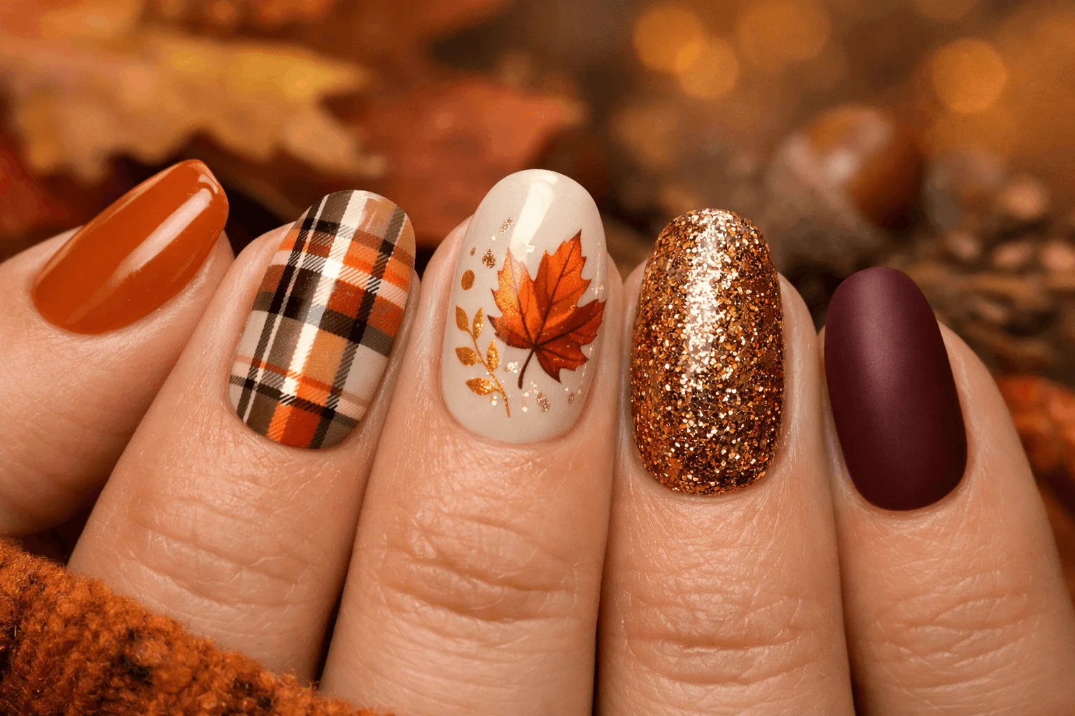 11 Cute Nails for Fall You Can Copy Right Now 12 Mixed design simple cute fall nails creative manicure idea