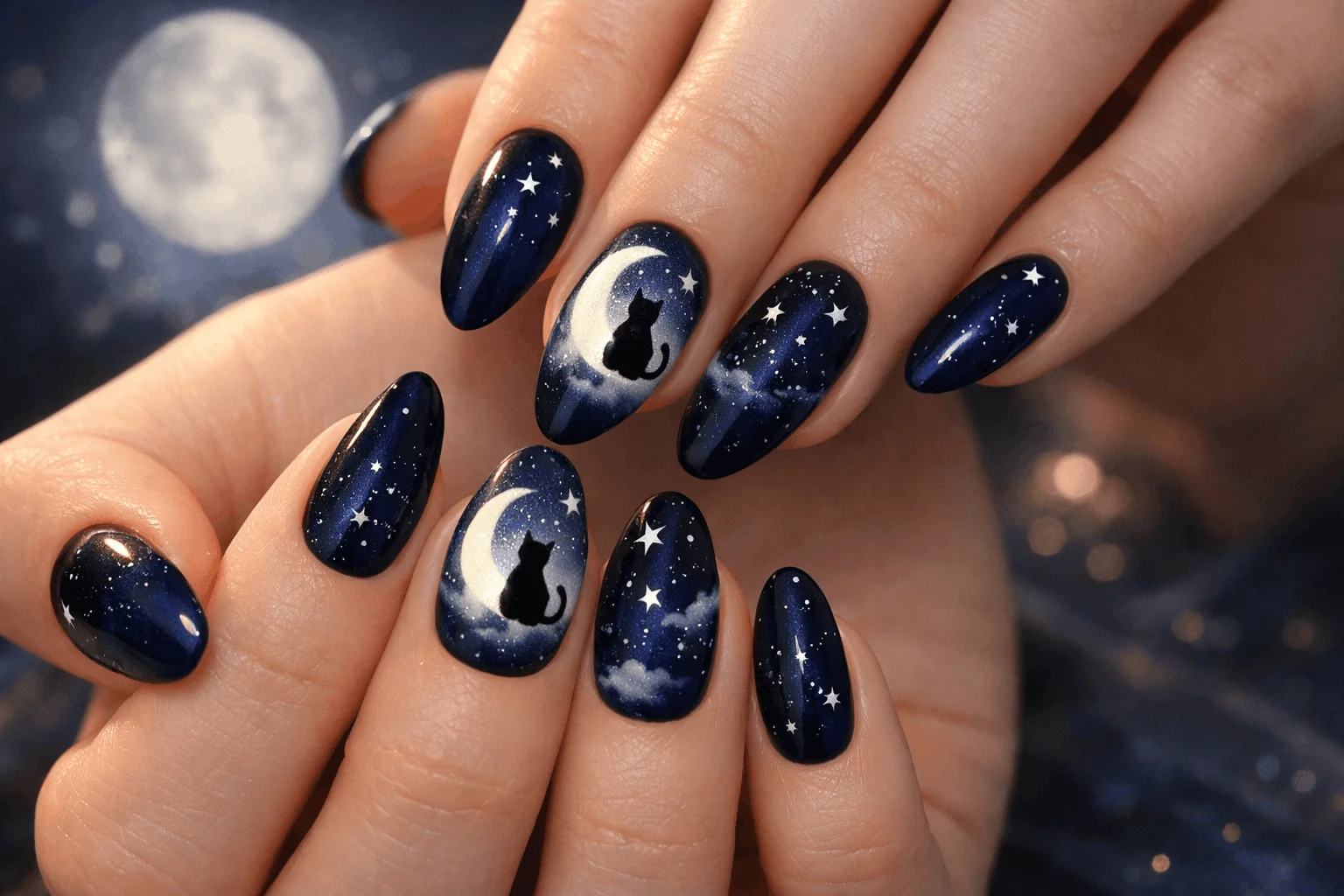 12 Halloween Cat Nails for a Spooky Chic Look 6 Moon and cat themed halloween nails with celestial vibe