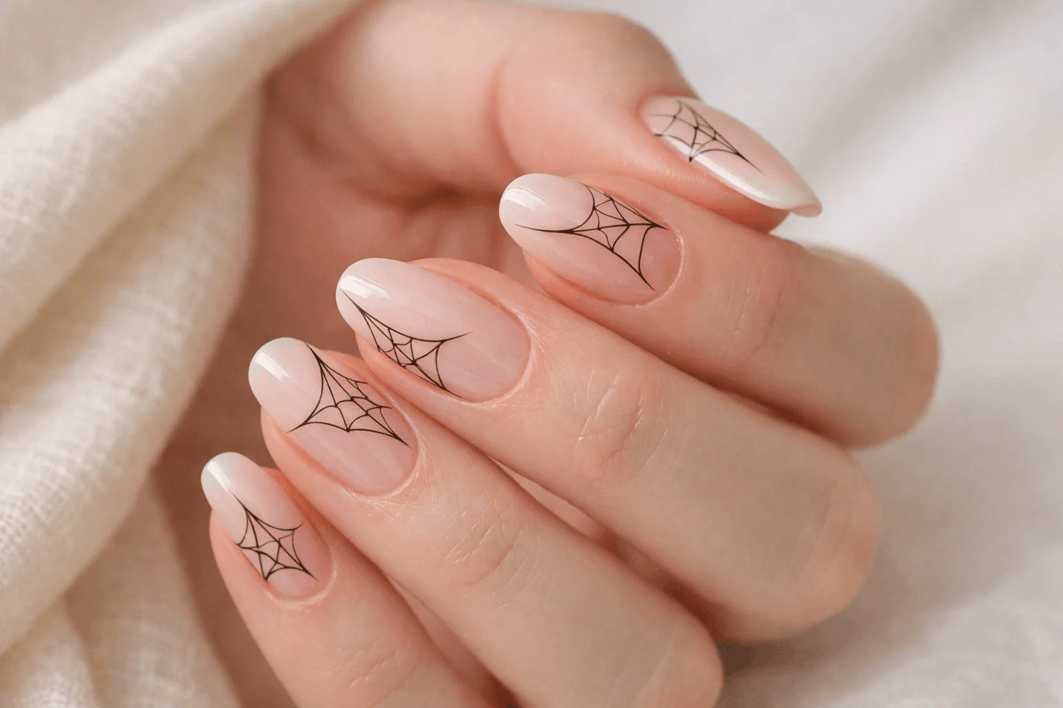 13 Spider Web Acrylic Nails You’ll Want to Copy 3 Nude spider web nails with minimalist design