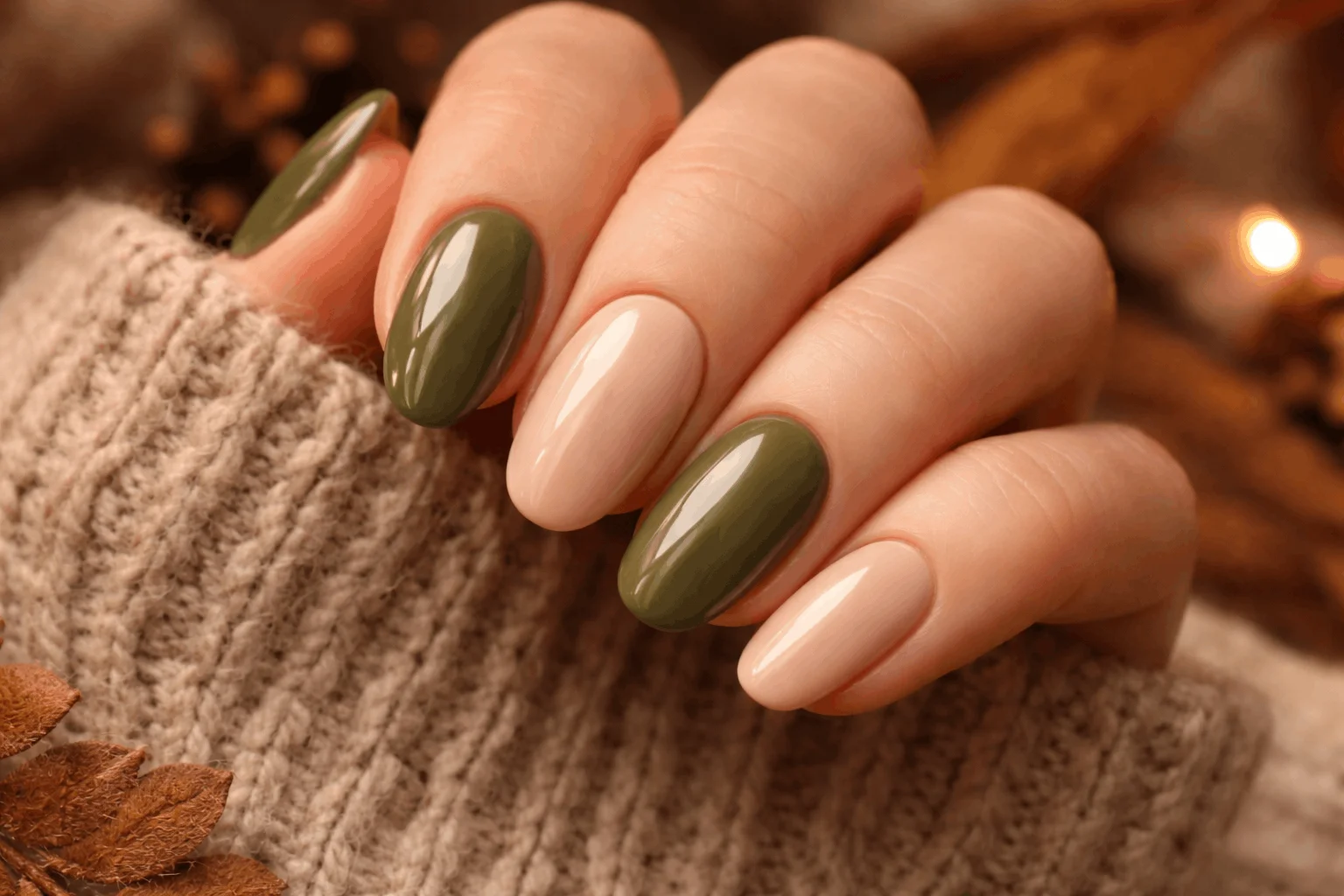 11 Olive Green Fall Nails You’ll Want Now 7 Olive green and nude fall nails combo design