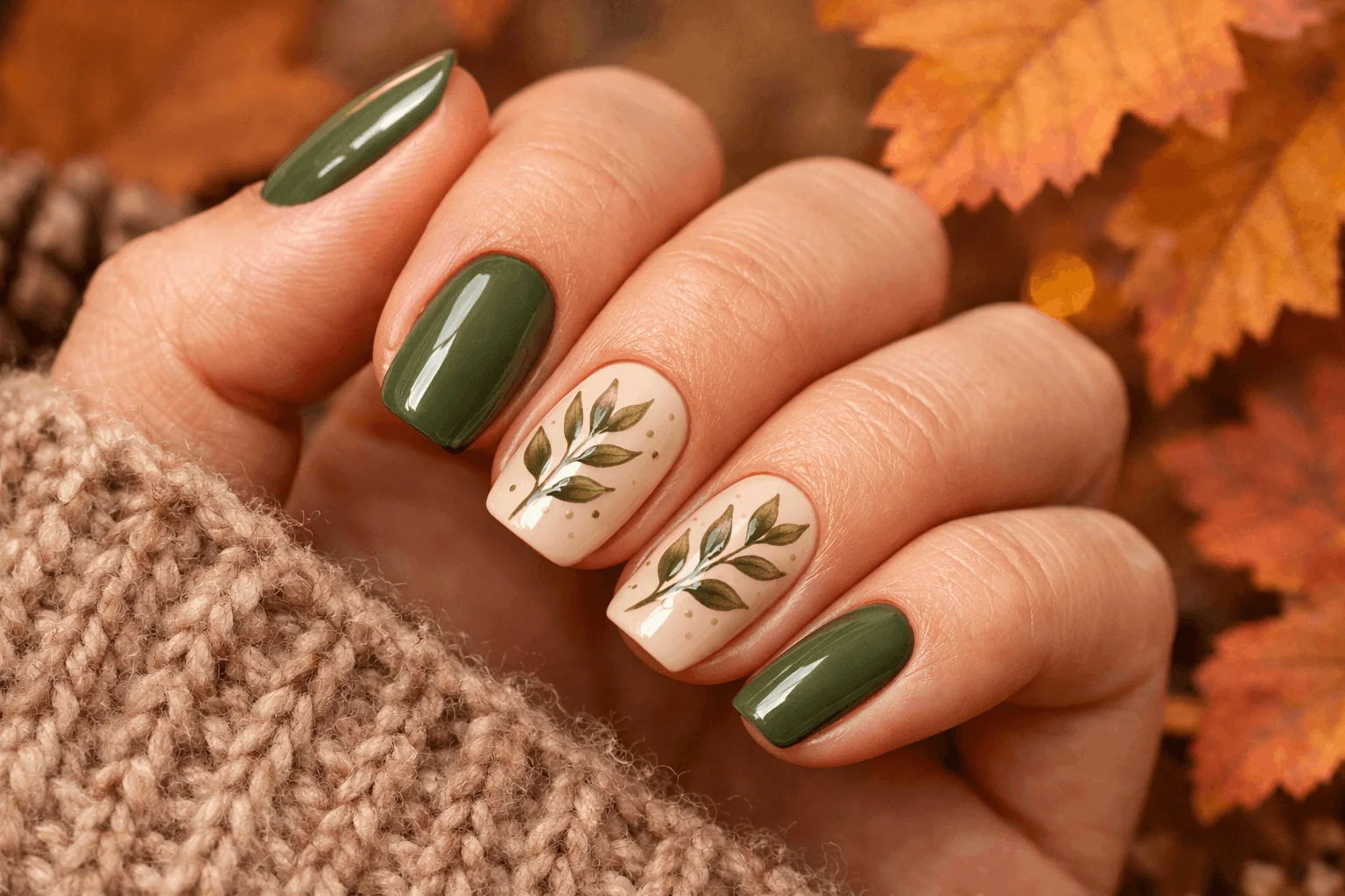 11 Olive Green Fall Nails You’ll Want Now 11 Olive green fall nails with leaf nail art design